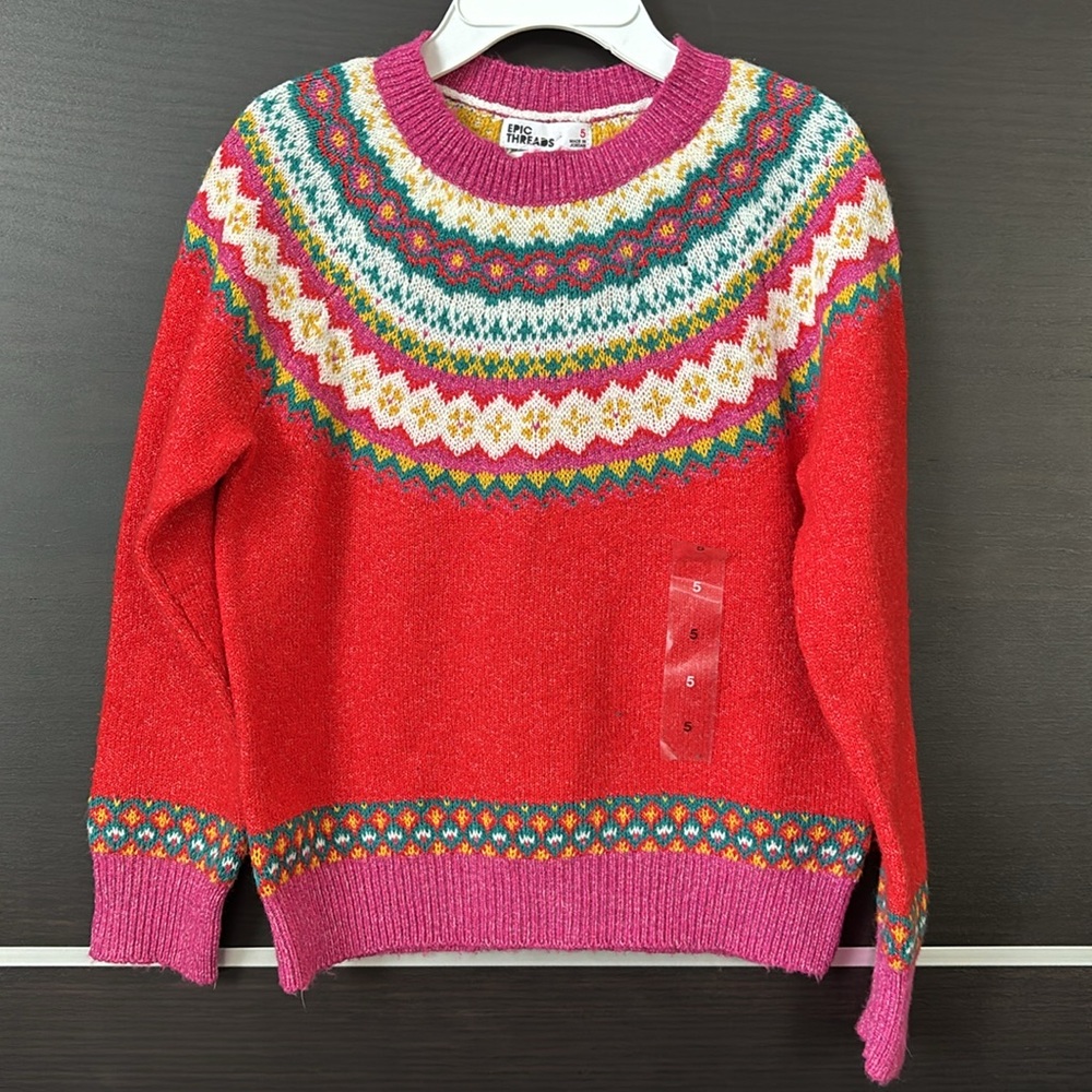 Epic Threads Red and Pink FairIsle Crew Neck Sweater - Picture 3 of 11